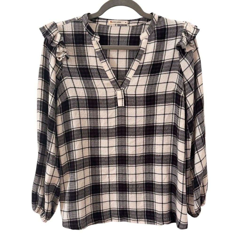 Marine Layer Jamie Ruffle Sleeve Top in Black/White Plaid Size Medium - Picture 4 of 12